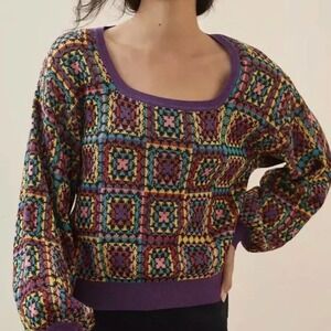 Farm Rio Granny Square Multicolor Boat Neck Geometric Knitted Crochet Sweater S